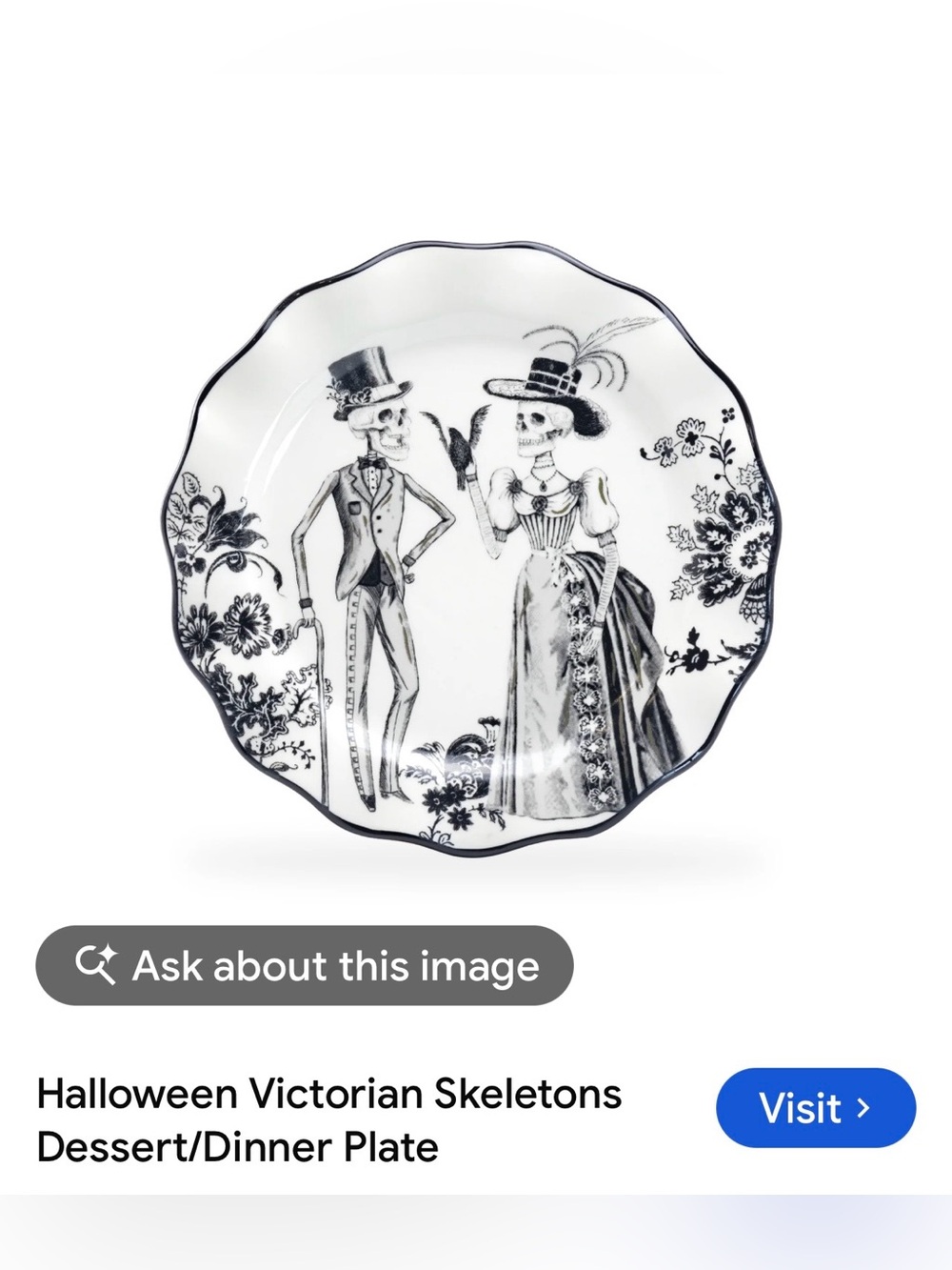 #3361**Halloween Victorian Skeletons Dessert Plate - Black and White